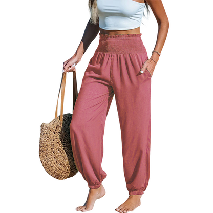 ✨【S-2XL】👖 Női magas derekú, smokkolt bő harem nadrág – kényelmes, lezser, stílusos