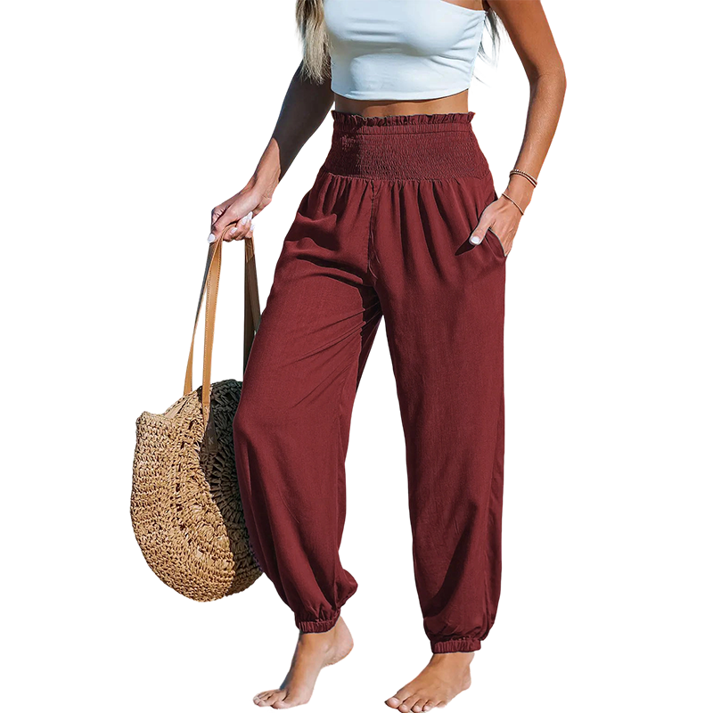✨【S-2XL】👖 Női magas derekú, smokkolt bő harem nadrág – kényelmes, lezser, stílusos