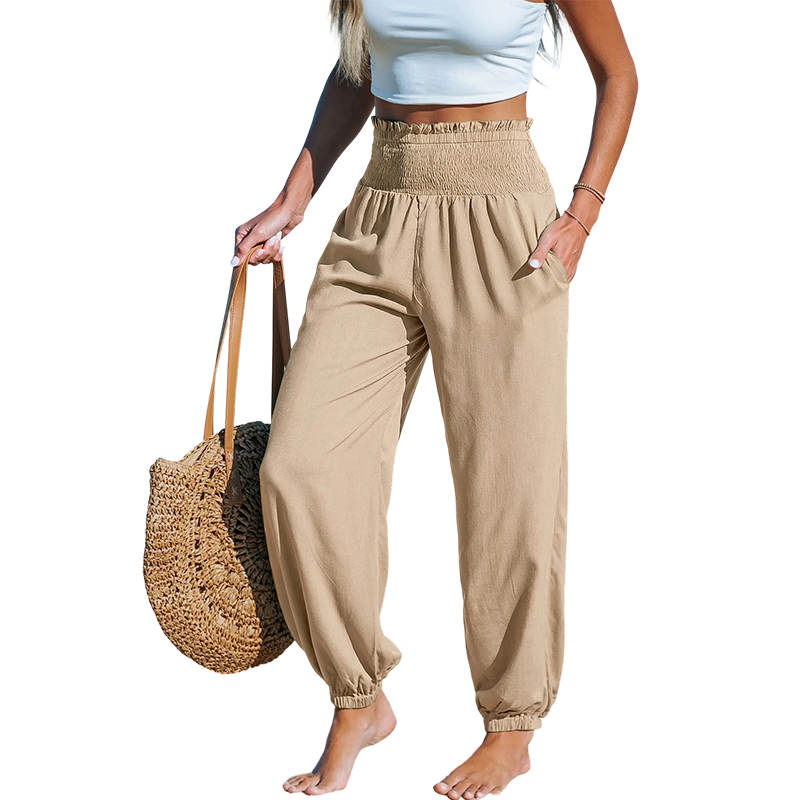 ✨【S-2XL】👖 Női magas derekú, smokkolt bő harem nadrág – kényelmes, lezser, stílusos