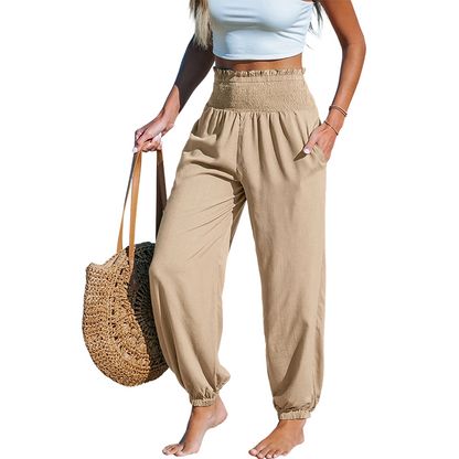 ✨【S-2XL】👖 Női magas derekú, smokkolt bő harem nadrág – kényelmes, lezser, stílusos